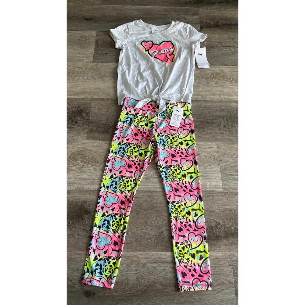 Puma Girls Tie-Front Puma Girls Tie-Front T-Shirt and Leopard Print Leggings Set